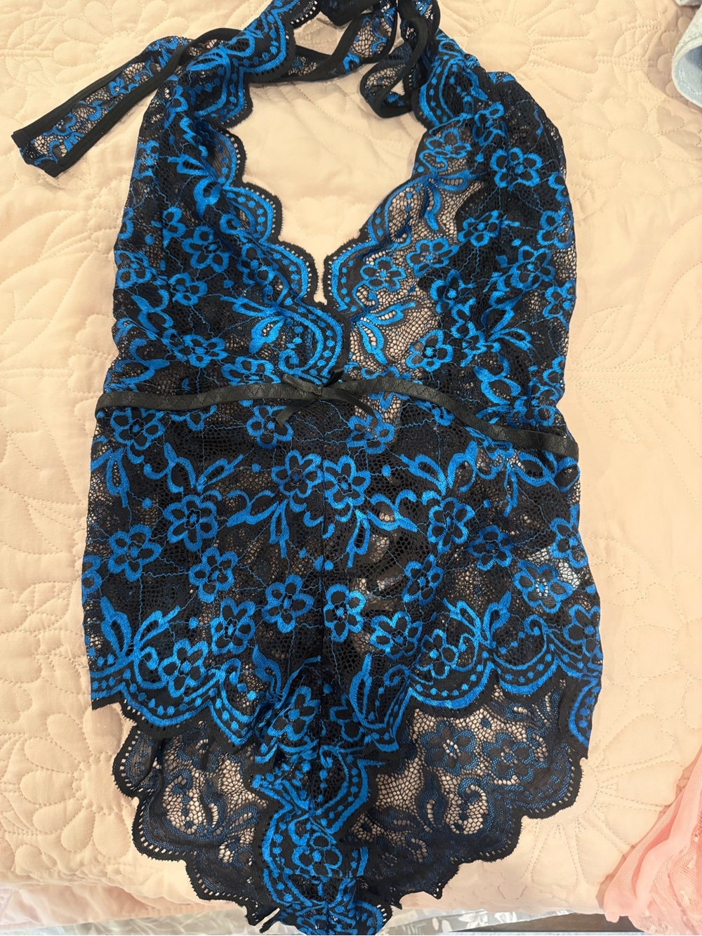 Blue & Black Floral Lace Halter Chemise